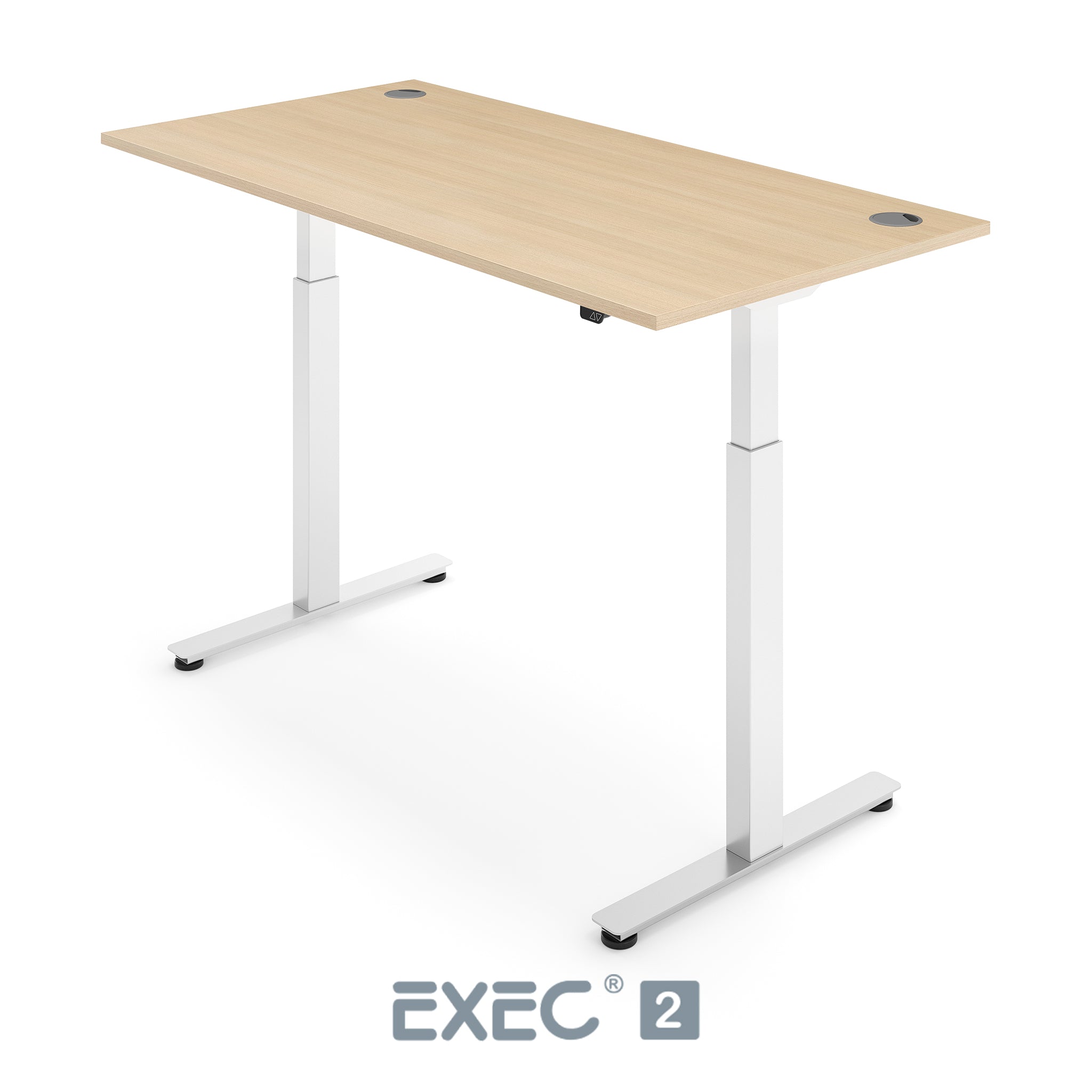 oak height adjustable desk with white frame