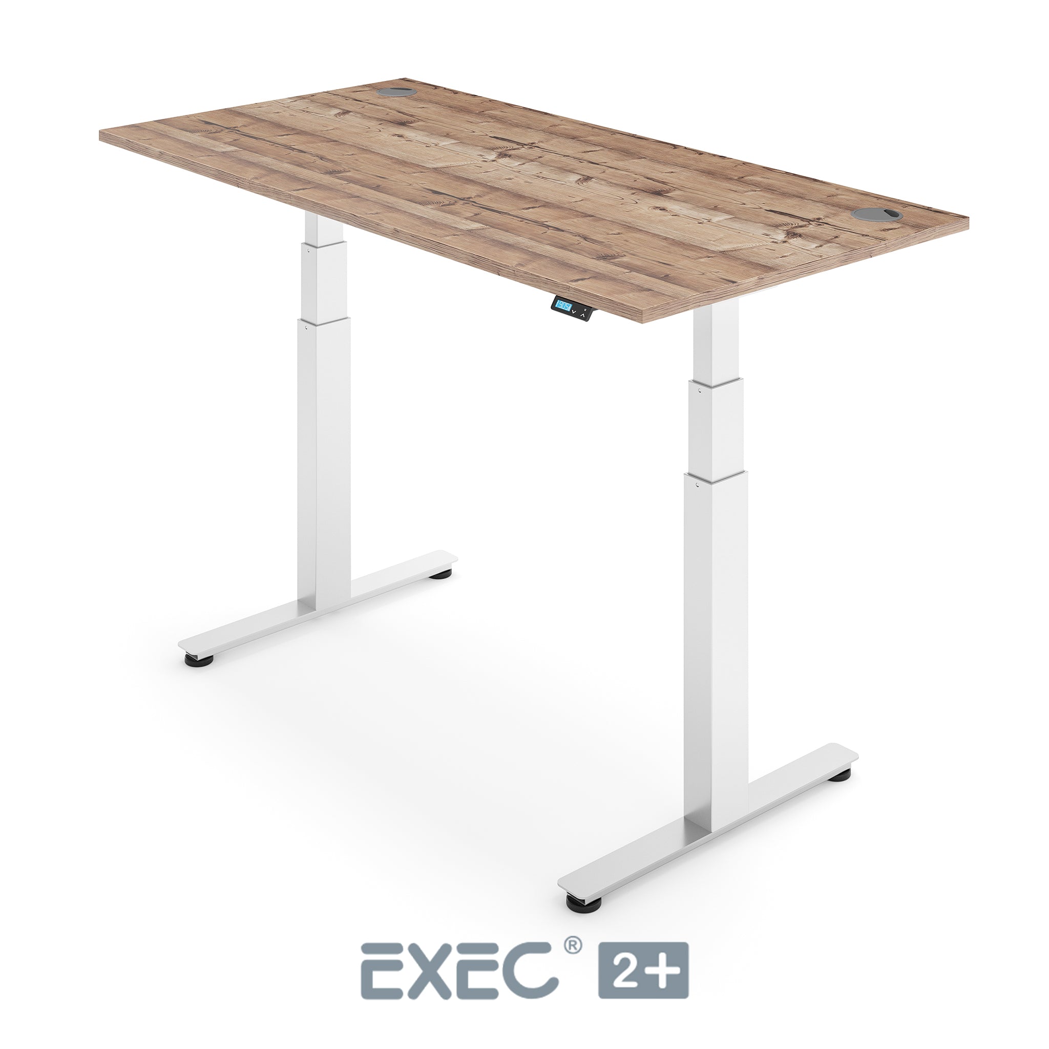 timber height adjustable desk with white frame
