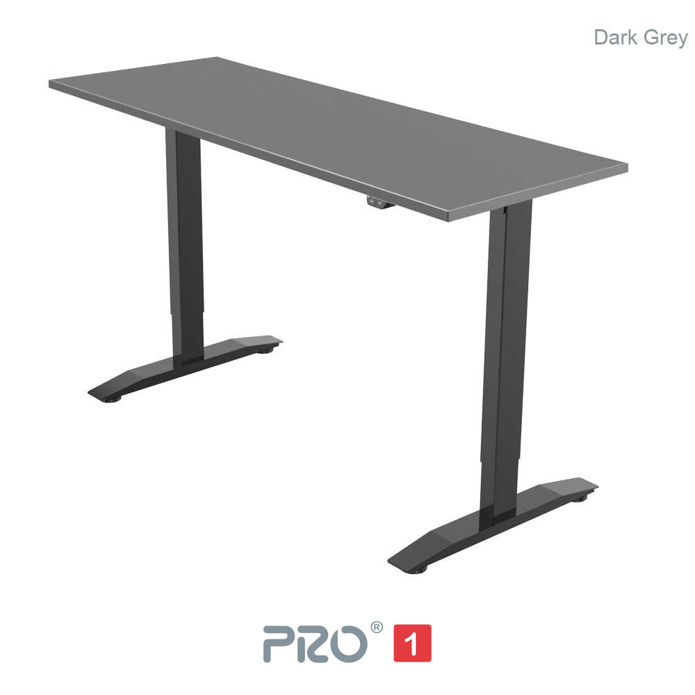 dark grey height adjustable desk with black frame