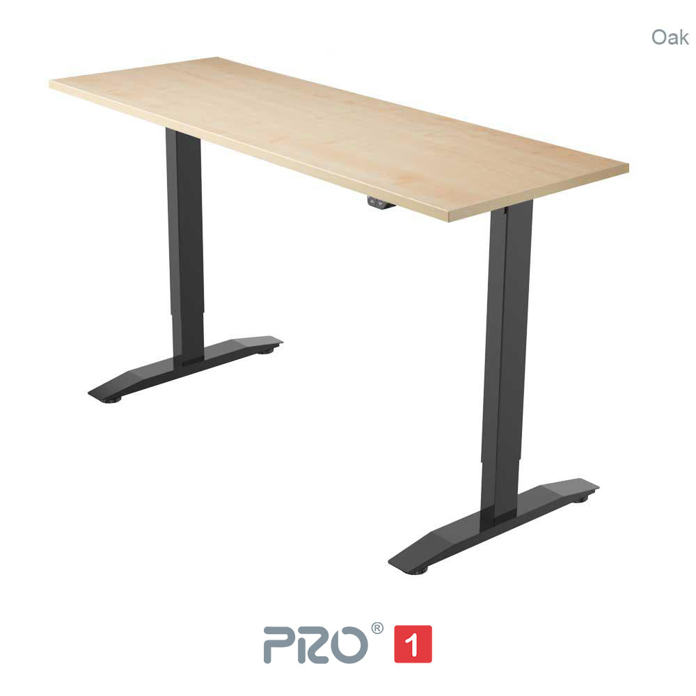 oak height adjustable desk with black frame