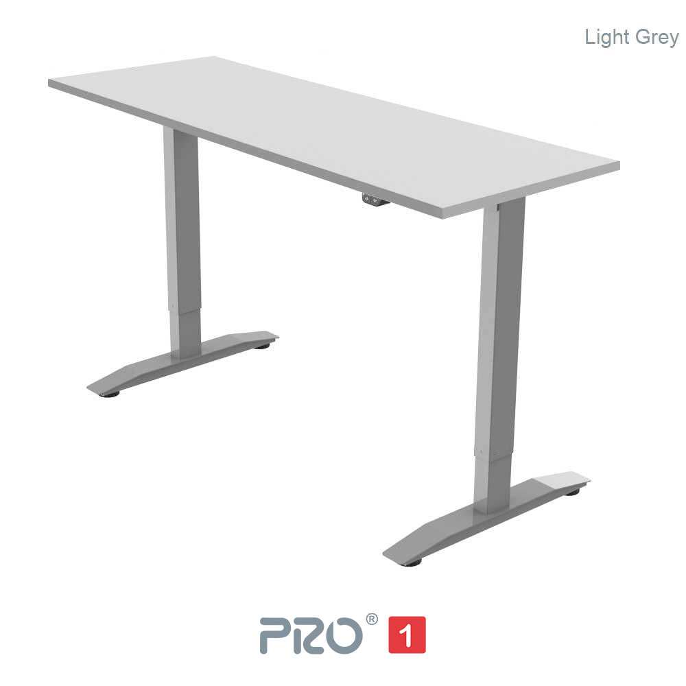 light grey height adjustable desk with silver frame