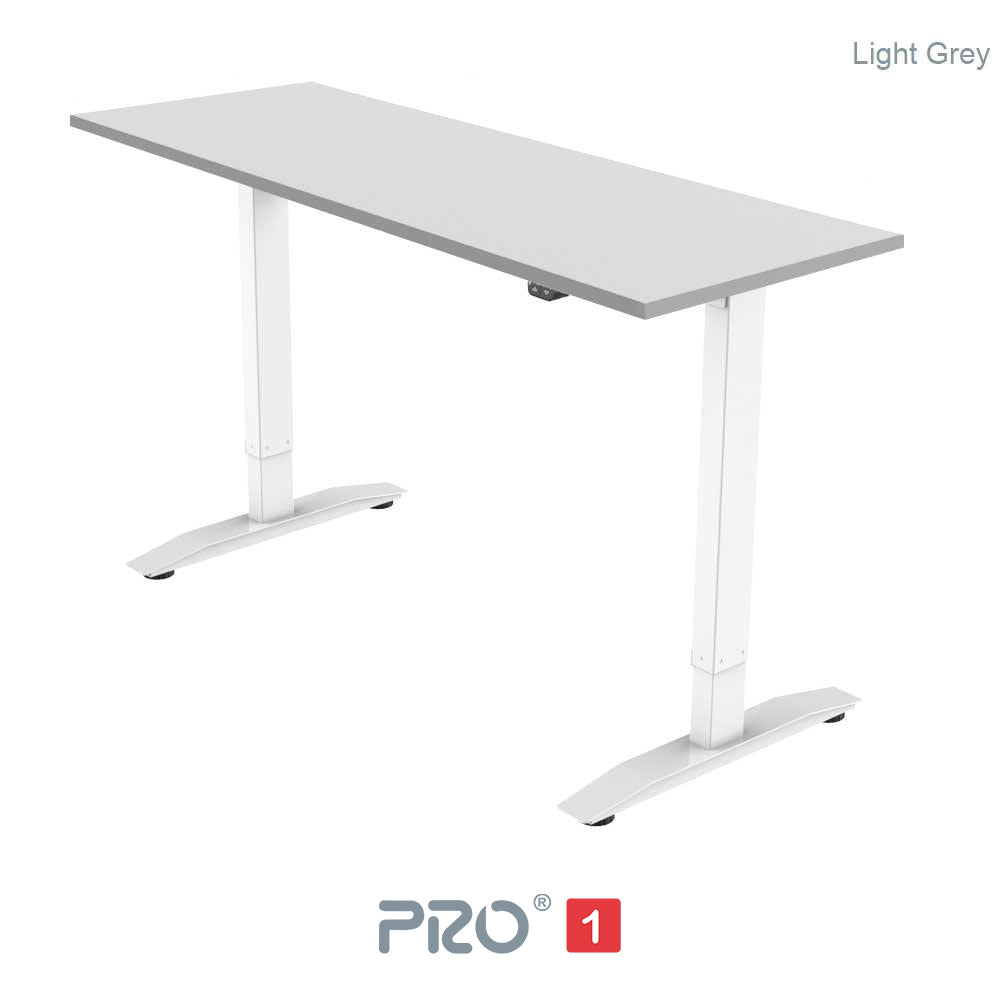 light grey height adjustable desk with white frame