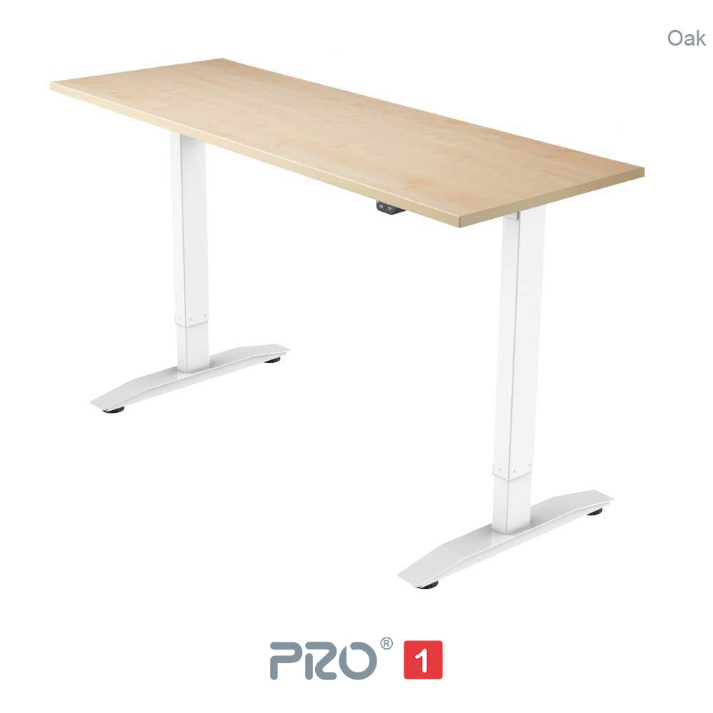 oak height adjustable desk with white frame