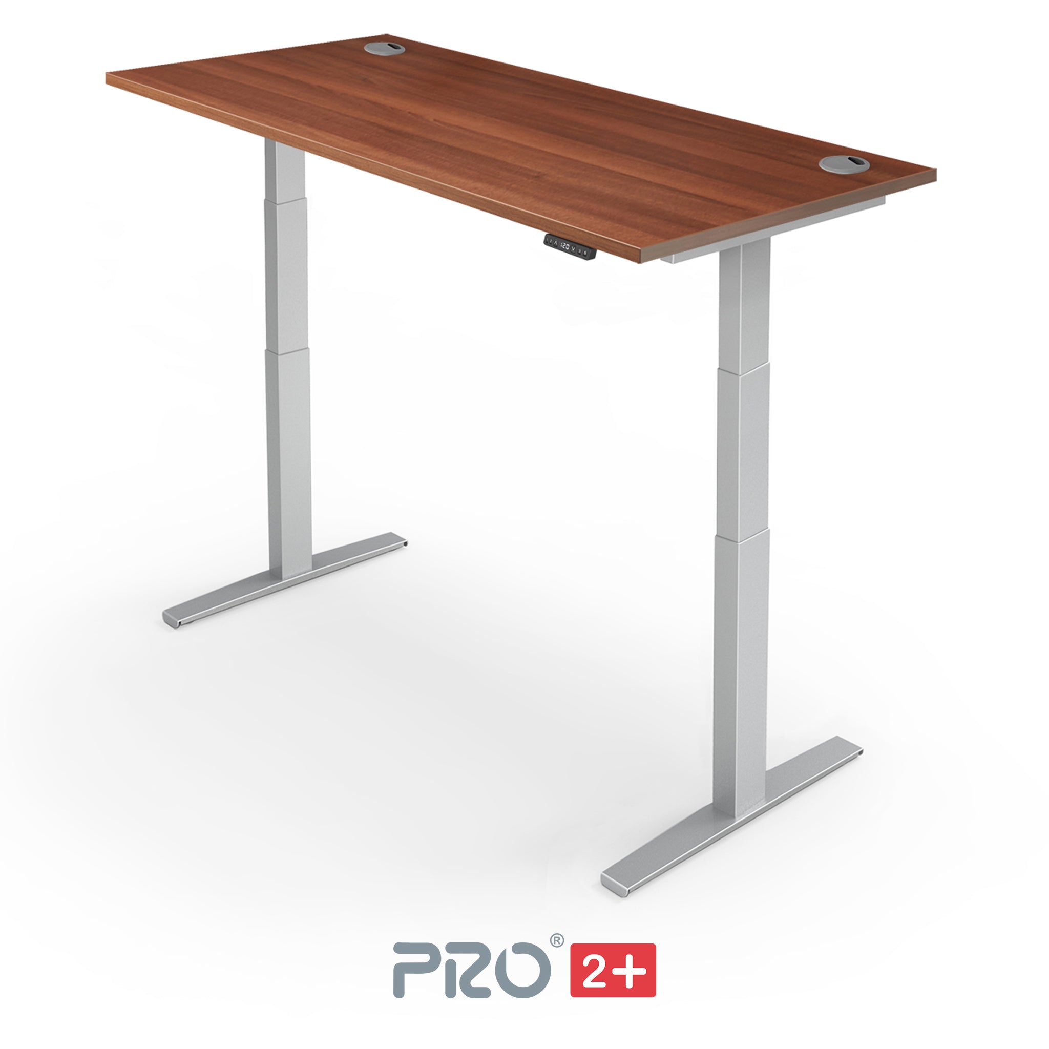 walnut height adjustable desk with silver frame